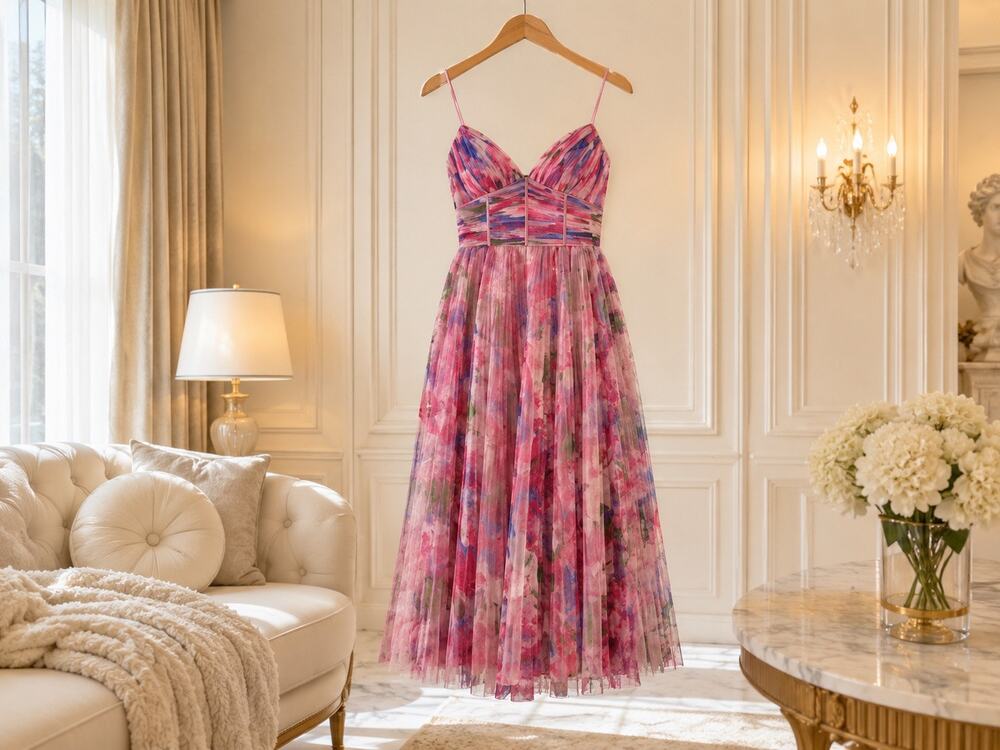 ML Monique Lhuillier Madison Floral Tulle Midi Dress Corset Pink Sz 10 Romantic